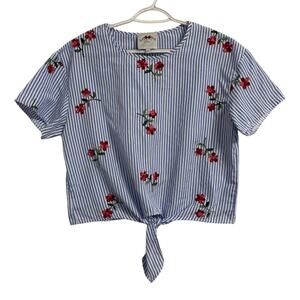 Flores Floral Embroidered Semi-Crop Top Waist Bow Preppy XL Fashion Shirt Chic
